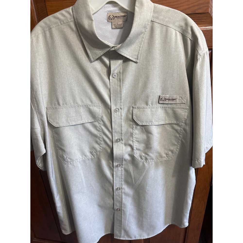 Realtree Fishing Mens Khaki Heather Short Sleeve Vented Button‎ Down Shirt Large